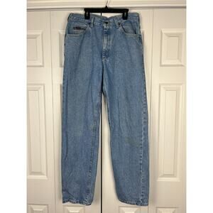 Vintage Lee Mens Jeans Medium Wash Union Made 33 x 32 leather patch staining